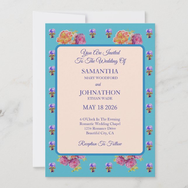 Pink Shabby Chic Flower Viola Wedding Invitation (Front)