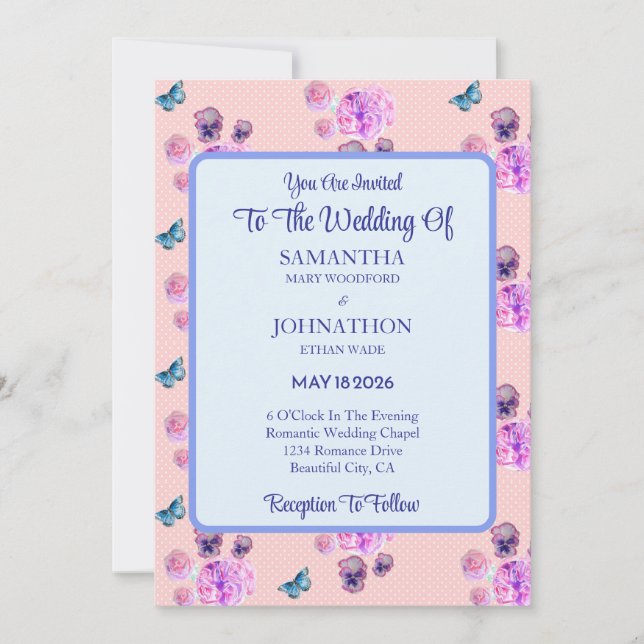 Pink Shabby Chic Flower Wedding Invitation (Front)
