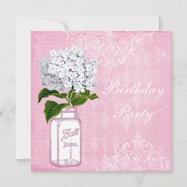 Pink Shabby Chic Jar & Hydrangea Birthday Party Invitation (Front)