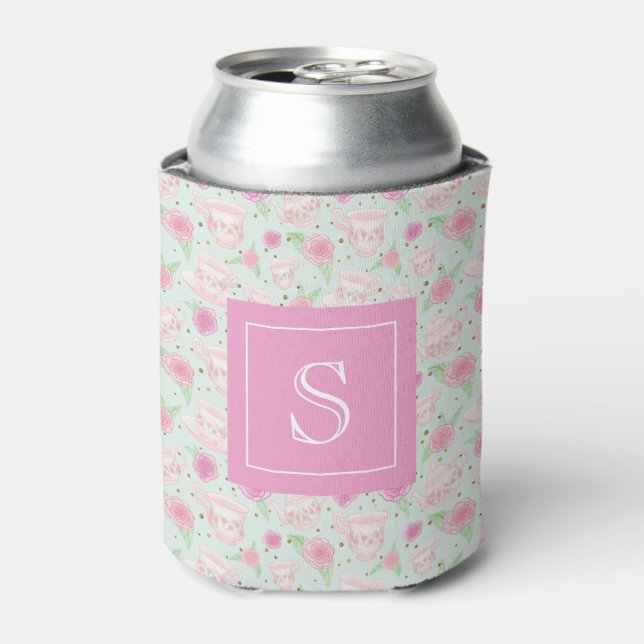 Pink Shabby Chic Tea Party Personalised Can Cooler (Can Front)