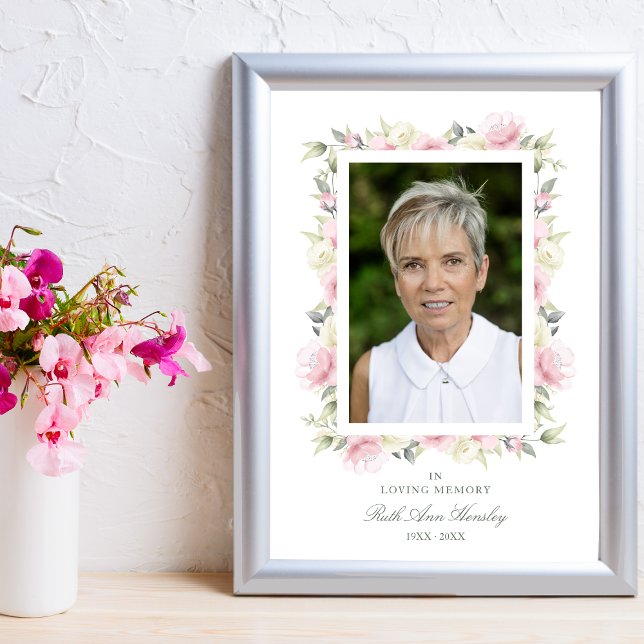 Pink Shades Garland In Loving Memory Photo Funeral Poster (Creator Uploaded)