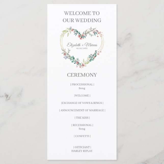 Pink Shades Heart on Wildflowers for Wedding Programme (Front)