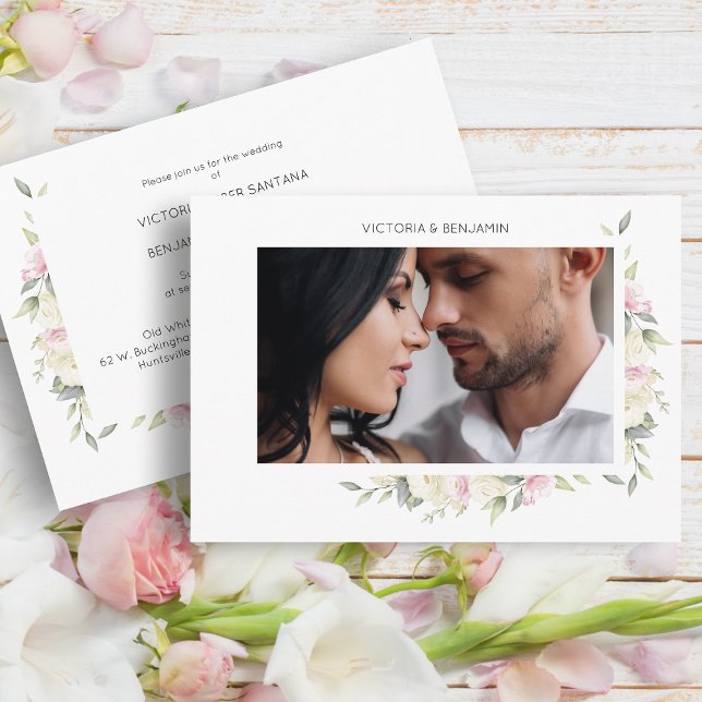 Pink Shades Romantic Floral Wedding Wreath Photo Invitation (Creator Uploaded)
