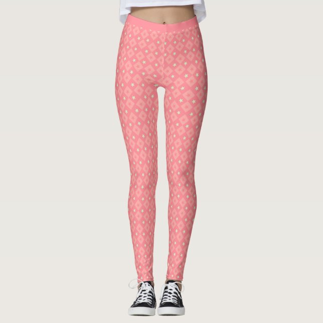 Pink Shades Yellow Stars Square Pattern Fitness Leggings (Front)