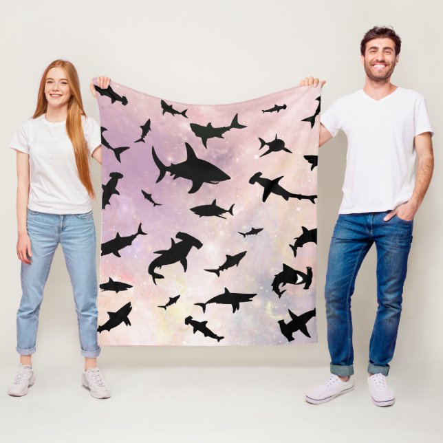 Pink shadow fish shark on gradient galaxy Space Fleece Blanket (In Situ)