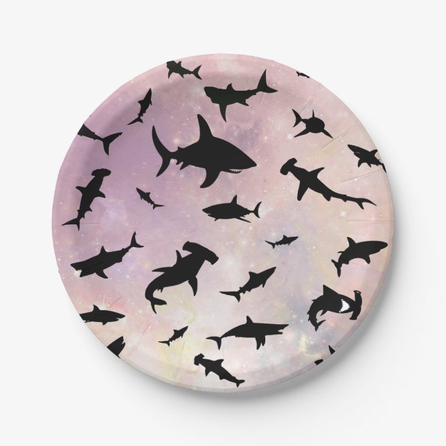 Pink shadow fish shark on gradient galaxy Space Paper Plate (Front)