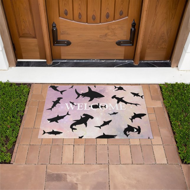 Pink shadow fish shark on gradient galaxy welcome doormat (Outdoor)