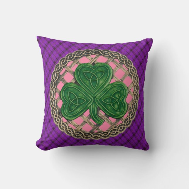 Pink Shamrock Celtic Knots On Purple Plaid Cushion (Front)