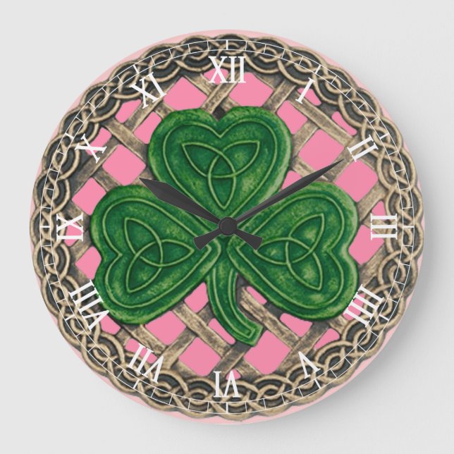 Pink Shamrock & Celtic Knots Roman Numerals Clock (Front)
