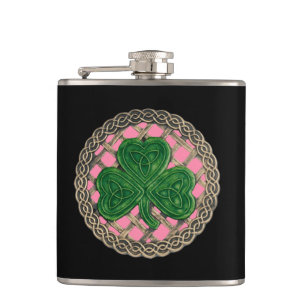 Pink Shamrock On Celtic Knots Flask