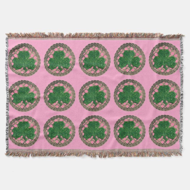 Pink Shamrock On Celtic Knots Throw Blanket (Front)
