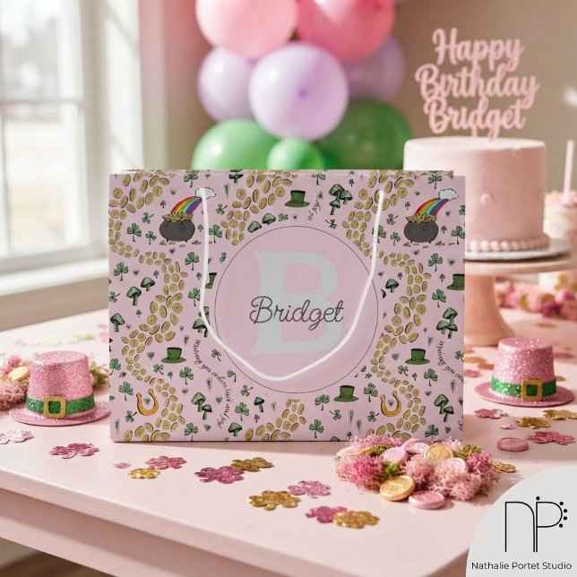 Pink Shamrocks St Patricks Gift Bag  (Pink shamrocks st patricks gift bag featuring hand-drawn chic noir fine line ink art.)