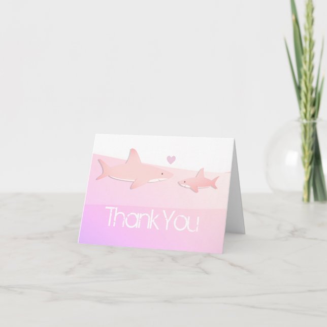 Pink Shark baby shower thank you card (Front)