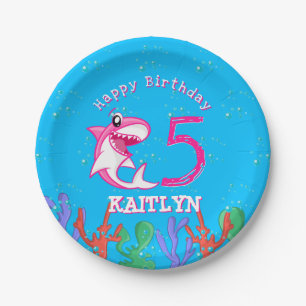 Pink Shark Cute Kids Birthday Pool Party Paper Plate