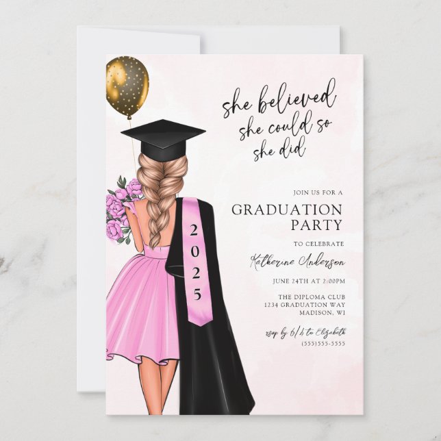 Pink She Believed Graduation Party Invitation (Front)