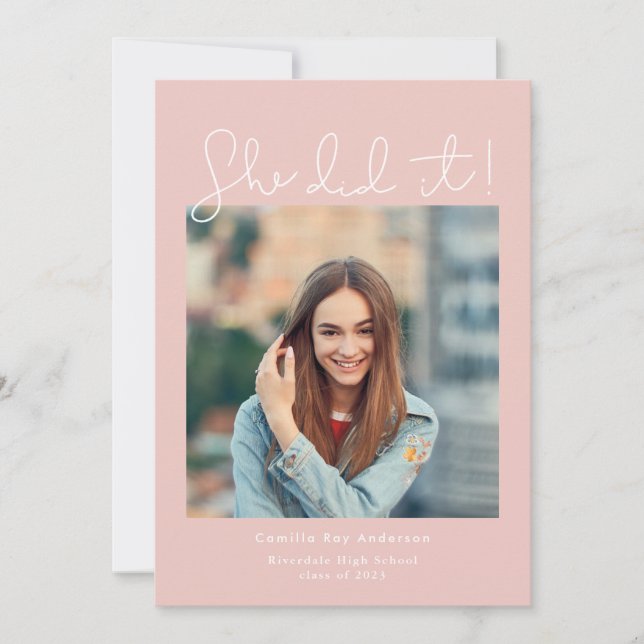 Pink She Did It Graduation Photo Announcement (Front)