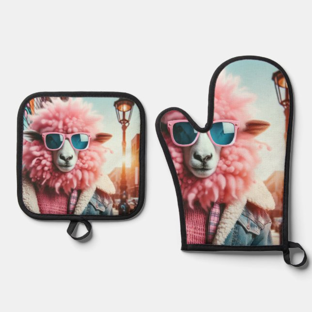Pink sheep oven mitt & pot holder set (Front)