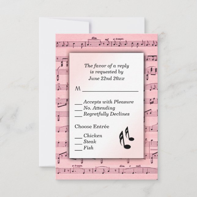 Pink Sheet Music RSVP Menu Choice (Front)