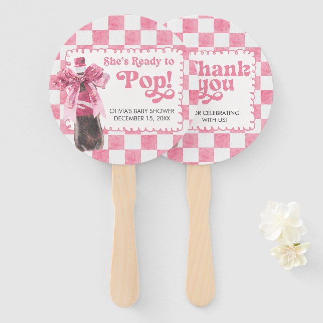 Pink She's Ready to Pop Baby Shower Hand Fan (Front and Back)