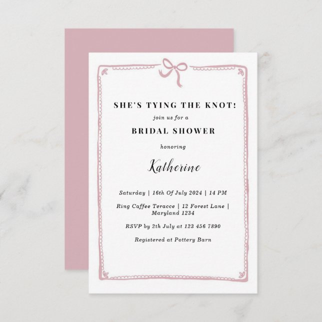 Pink She's Tying the Knot Bow Bridal Shower Invitation (Front/Back)