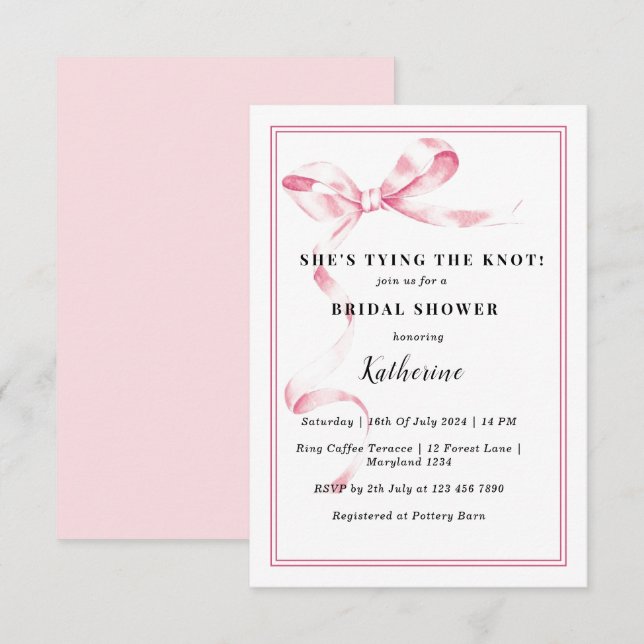 Pink She's Tying the Knot Bow Bridal Shower Invitation (Front/Back)