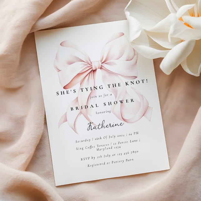 Pink She's Tying the Knot Bow Bridal Shower Invitation (Creator Uploaded)
