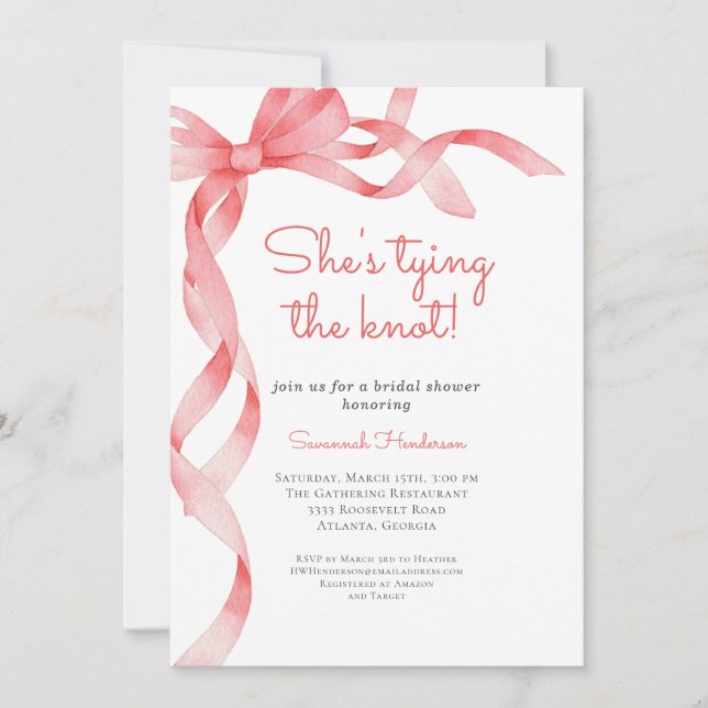 Pink She's Tying the Knot Bridal Shower Invitation (Front)