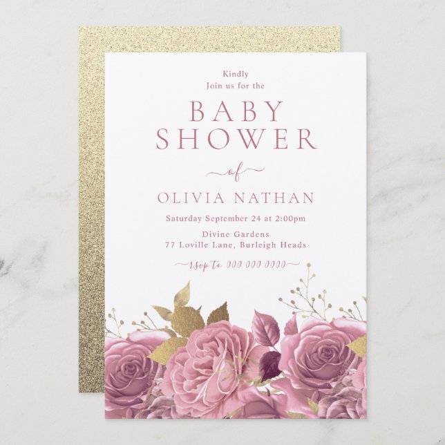 Pink Shimmer Roses Floral Baby Shower Invitation (Front/Back)