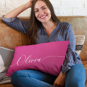 Pink Shimmer White Calligraphy Name Lumbar Cushion