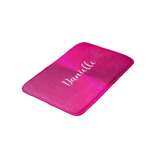 Pink shiny faux metal custom name bath mat (Angled)