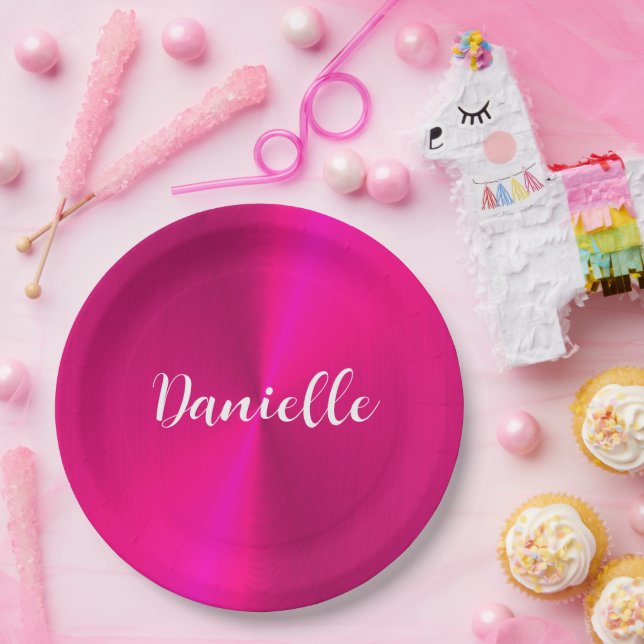 Pink shiny faux metal custom name paper plate (Party)