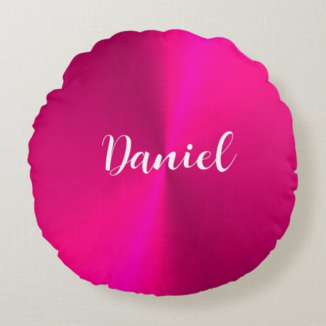 Pink shiny faux metal custom name round cushion (Front)