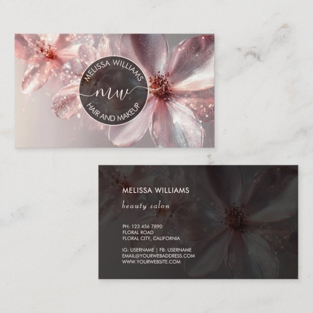 Pink Shiny Floral Logo Initials Business Card (Front/Back)
