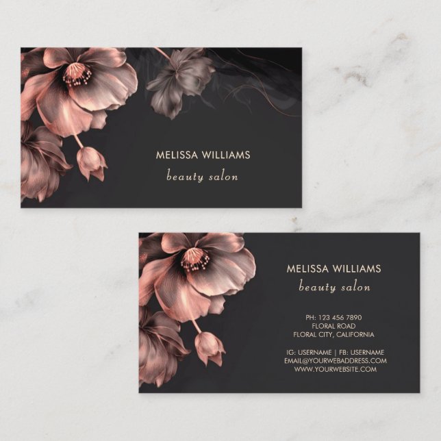 Pink Shiny Flowers Black  Business Card (Front/Back)