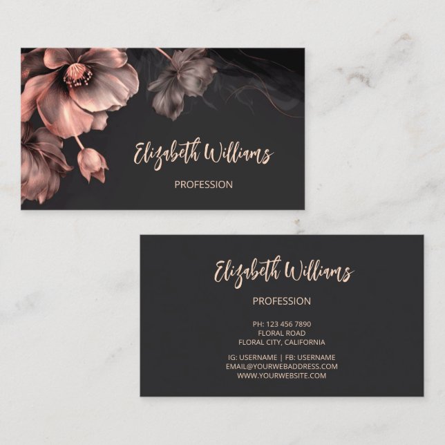 Pink Shiny Flowers Black  Business Card (Front/Back)