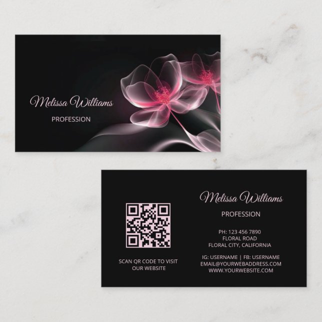 Pink Shiny Flowers Black  Business Card (Front/Back)