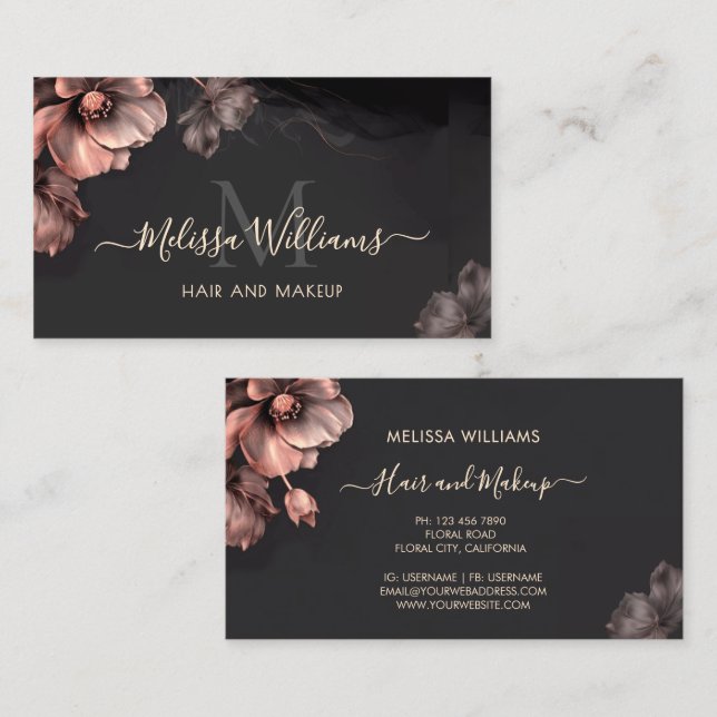Pink Shiny Flowers Black Luxury Business Card (Front/Back)
