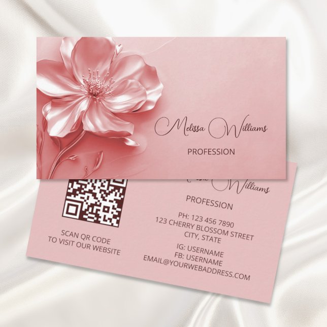 Pink Shiny Metallic 3D Flower Business Card (Creator Uploaded)