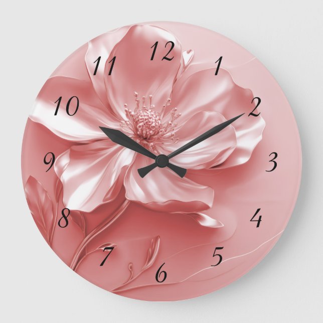 Pink Shiny Metallic 3D Flower Large Clock (Front)