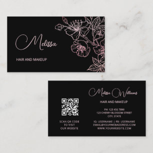 Pink Shiny Metallic Black Floral   QR Code  Business Card