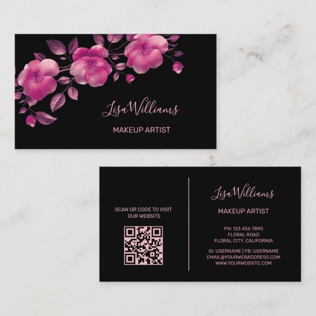 Pink Shiny Metallic Flower Black Business Card (Front/Back)