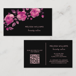 Pink Shiny Metallic Flower Black Business Card