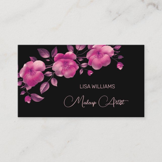 Pink Shiny Metallic Flower Black Business Card (Front)