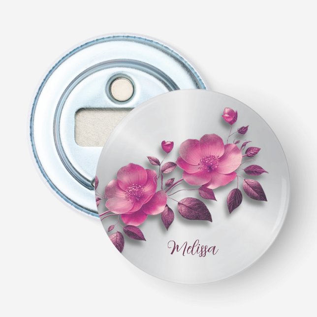 Pink Shiny Metallic Flower Silver Bottle Opener (Front)