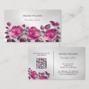 Pink Shiny Metallic Flower Silver Business Card