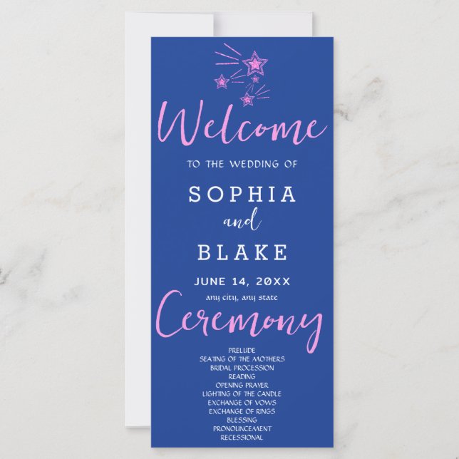 Pink Shooting Stars Dark Blue Wedding Program (Front)