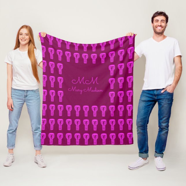 Pink Silhouette Djembe Drum Pattern Purple Fleece Blanket (In Situ)