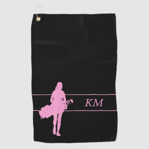 Pink Silhouette Woman Golfer with Bag Monogram Golf Towel