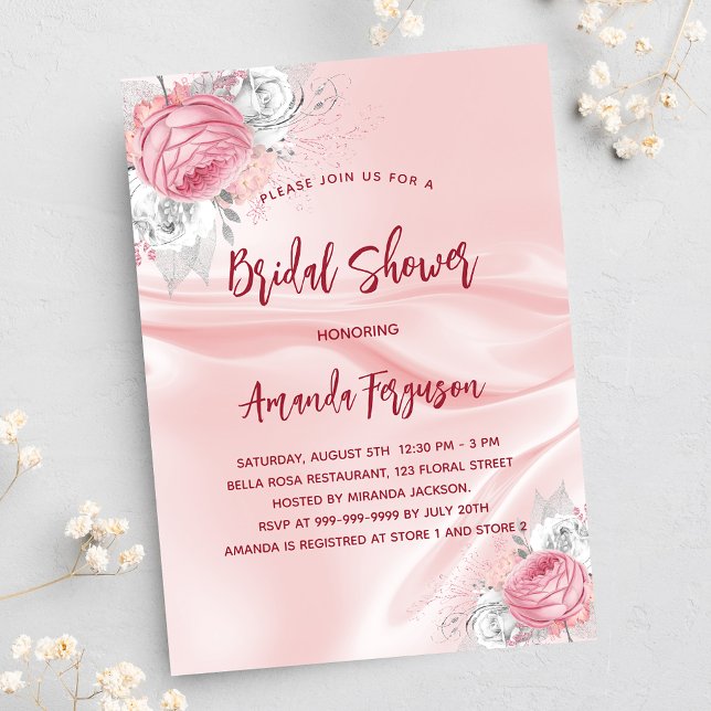 Pink silk florals white roses luxury Bridal Shower Invitation (Creator Uploaded)