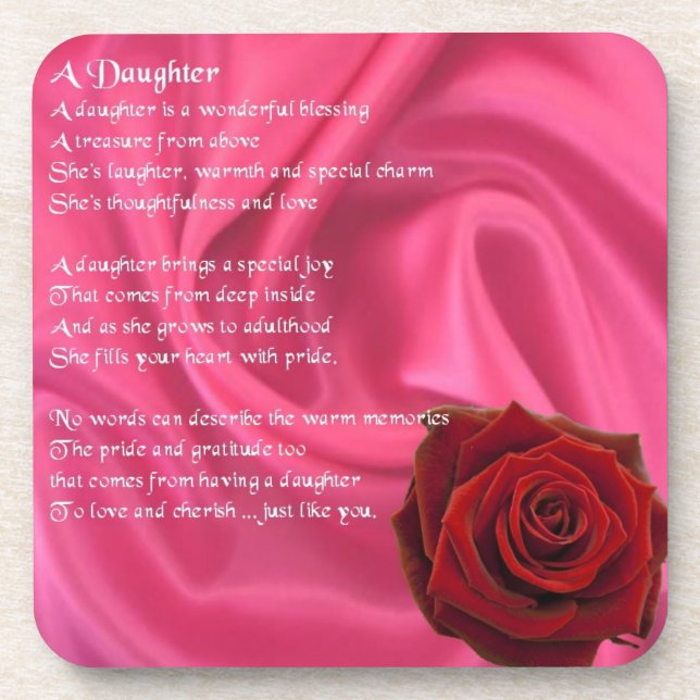 Pink Silk & red rose - daughter Poem Coaster (Front)